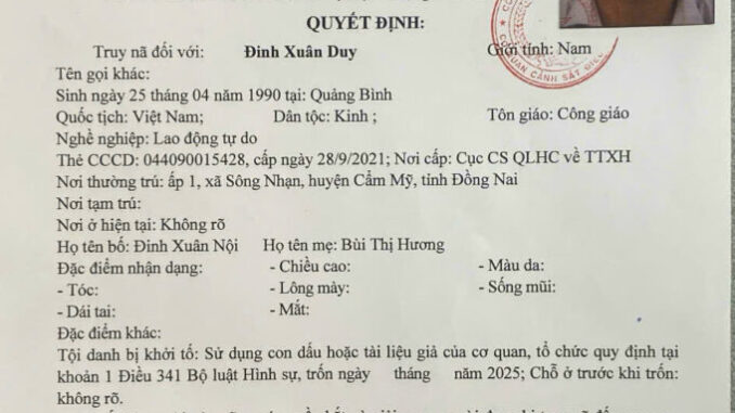 Truy nã toàn quốc bị can Đinh Xuân Duy Truy nã toàn quốc bị can Đinh Xuân Duy