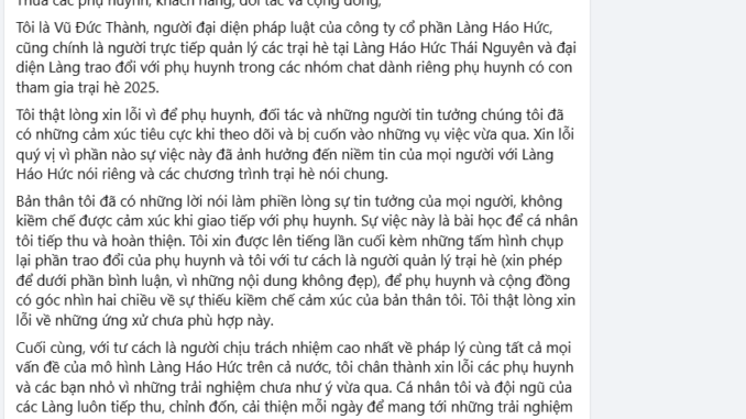 Đại diện Làng Háo Hức chính thức lên tiếng sau loạt ồn ào từ phụ huynh Đại diện Làng Háo Hức chính thức lên tiếng sau loạt ồn ào từ phụ huynh