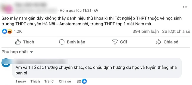 Bài đăng gây tranh cãi sau kỳ thi tốt nghiệp: So sánh thủ khoa và học sinh Ams, có công bằng? Bài đăng gây tranh cãi sau kỳ thi tốt nghiệp: So sánh thủ khoa và học sinh Ams, có công bằng?